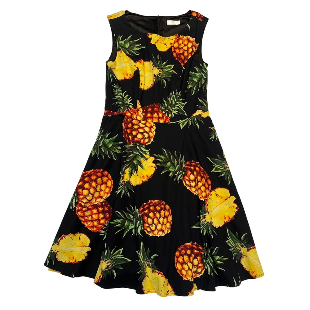 Hanpceirs Black Yellow Pineapple Fit and Flare Sleeveless Rockabilly Dress L